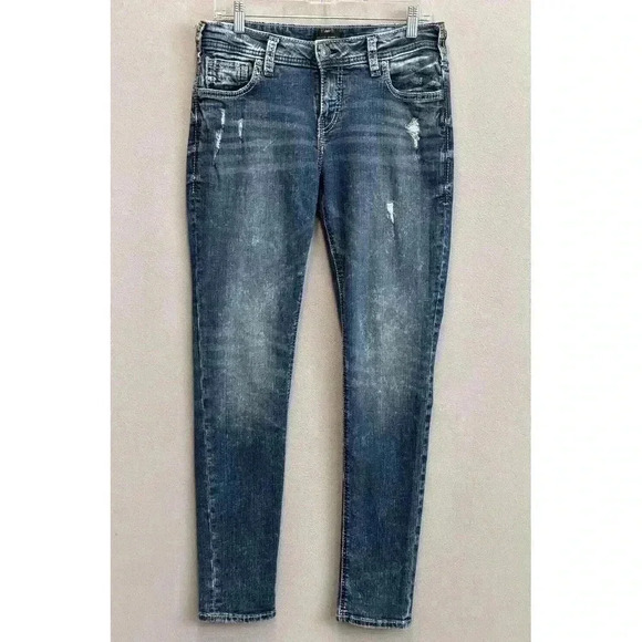 Silver Jeans Women's Sz 29x29 Girlfriend Mid Rise‎ Distressed Western Blue Denim - Picture 1 of 9
